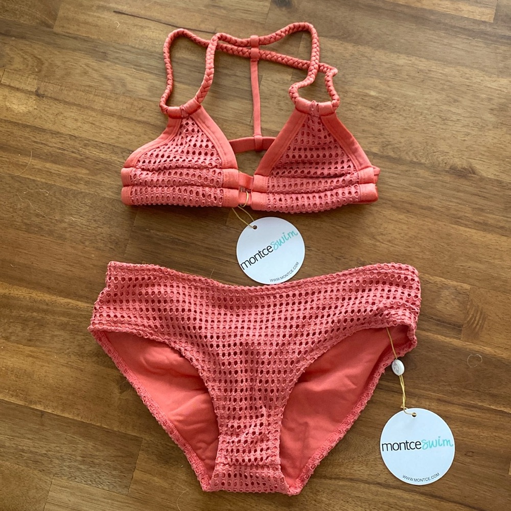 Brand new NWT montce bikini top bottom set swim swimsuit crochet coral